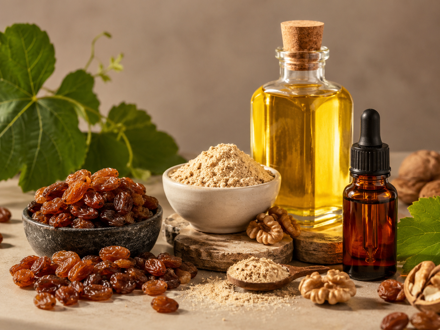 Premium Kingland products: raisins, walnut kernels, walnut powder, walnut oil, and raisin extract
